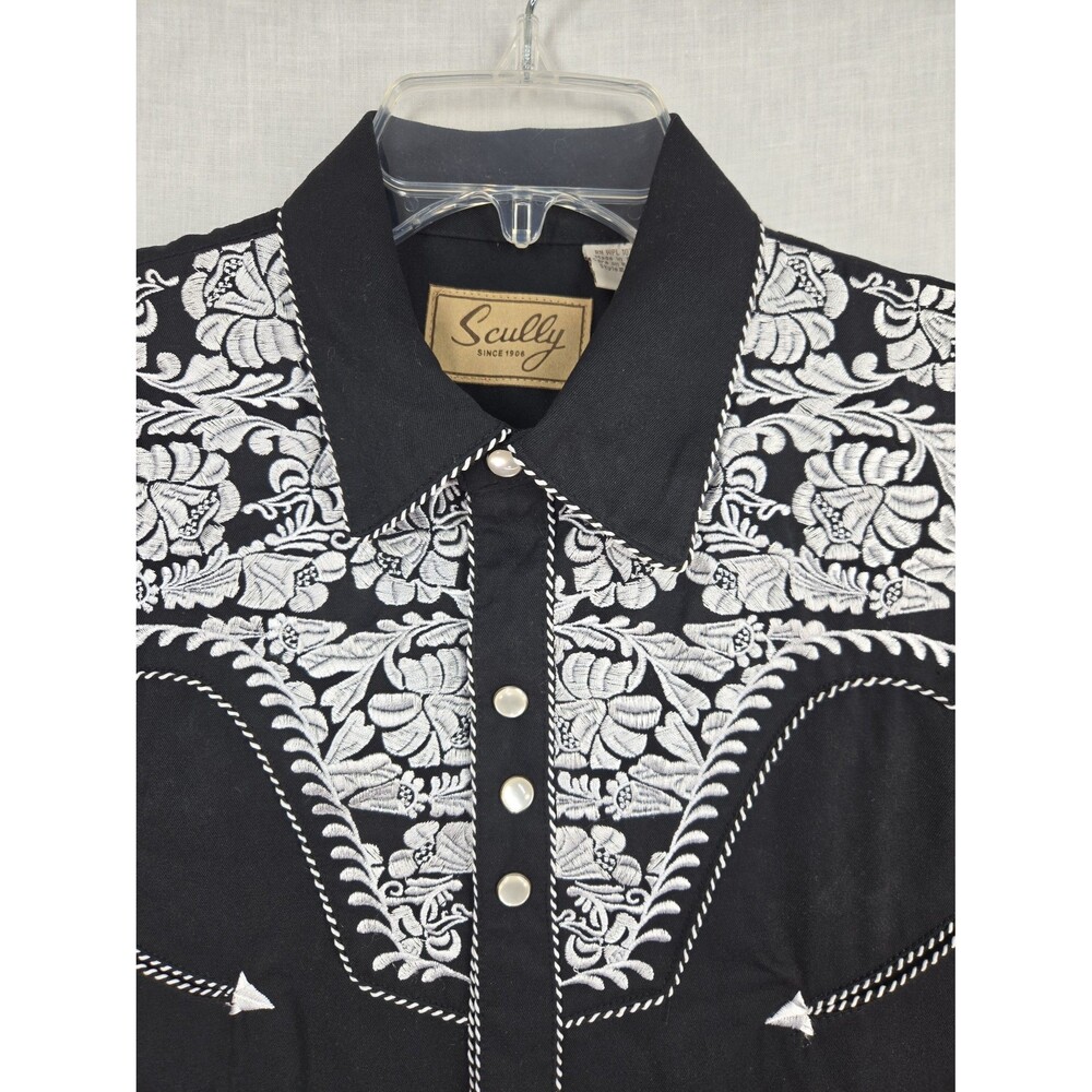 Scully Gunfighter Black White Embroidered Men's Medium Pearl Snap Western Shirt - Picture 3 of 10